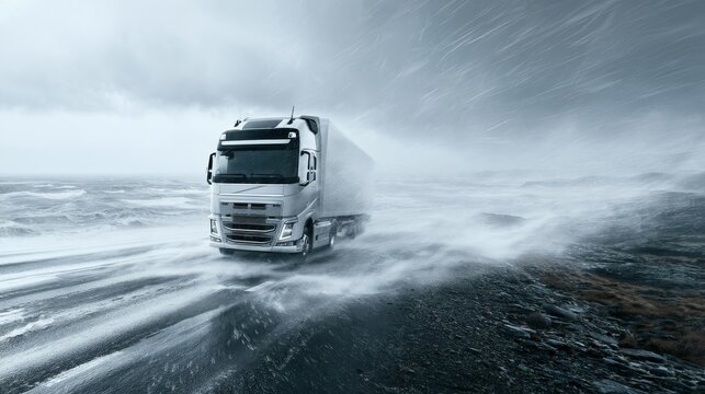 Heavy truck driving on a difficult road during a storm in a remote area