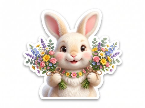 Cute bunny holding flowers