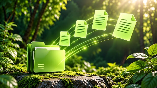 Glowing green digital documents flying into a folder on mossy rock in forest representing sustainable eco friendly data storage and paperless concept