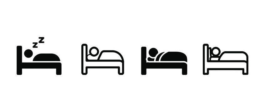 Set of four sleeping person in bed icons silhouette isolated on white background with silhouette sleeping exhausted relaxation furniture wellness isolated mattress midnight