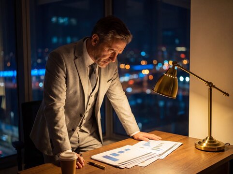Thoughtful male executive holding pen working late in dark offic