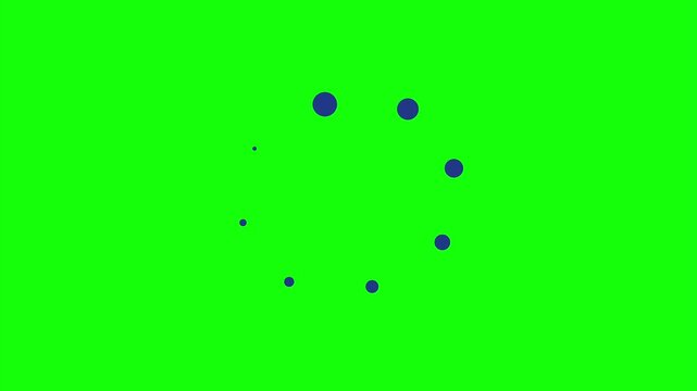 Minimalist loading animation on green screen, circular progress bar with dark blue dots, digital buffering icon for video editing and web design