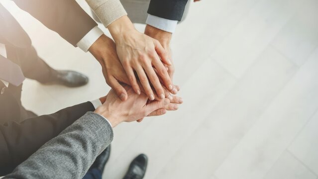 Business team stacking hands together in a circle, top view