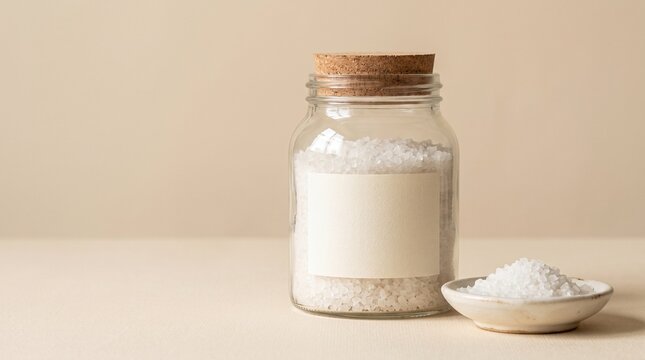 Glass jar of salt with cork lid and a small plate of salt  