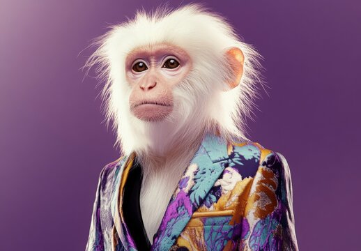 Portrait Of A White Monkey In A Colorful Outfit Against A Purple Background