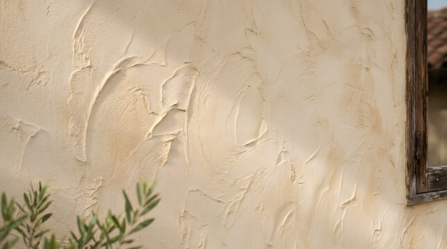 Detailed close-up view of a rustic cream colored stucco wall with visible hand troweled plaster swirls and soft morning sunlight shadows featuring an olive plant and wooden frame for design backdrop