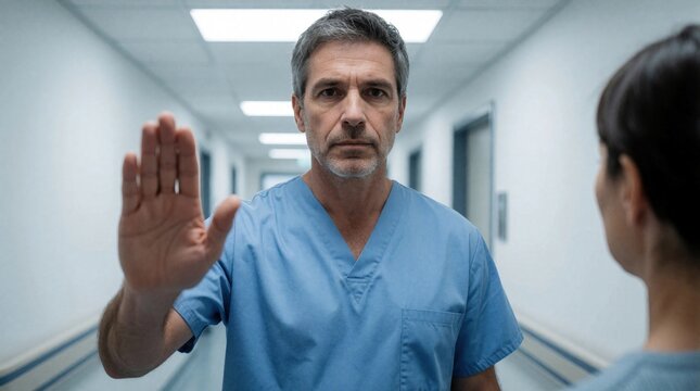 Male nurse in blue scrubs makes stop gesture toward woman in hospital corridor. Medical pro maintains pro boundary, manages difficult situation with family member. Clinical staff works to protect
