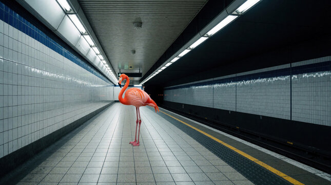 Pink flamingo stands alone on empty subway platform in underground station. Surreal bird waits in deserted metro tunnel. Strange animal creates bizarre contrast within modern urban transit system.