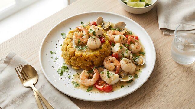 Delicious mofongo with shrimp served on a round plate with fresh herbs and vegetables on a wooden table. Mofongo recipe