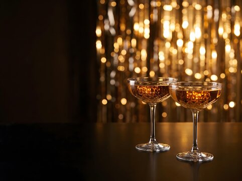 Two crystal champagne coupes filled with sparkling wine against a blurred gold bokeh background