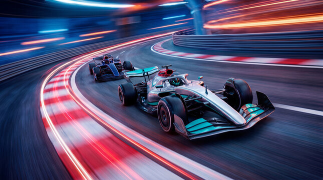 Two Fictional Open Wheel Race speeding through a neon lit curved track at night with motion blur