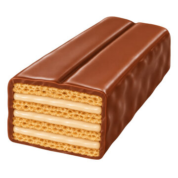 Chocolate-coated wafer bar with layered cream filling on transparent background. Cutaway view of crisp wafer layers. Sweet snack and confectionery treat. Dessert and bakery snack concept.