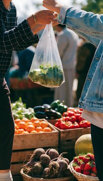 A farmers market stall displays colorful produce and a customer exchanges goods for a plastic bag agriculture beetroot buying commerce