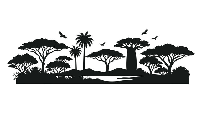 African savanna silhouette with baobab trees and flying birds on white background