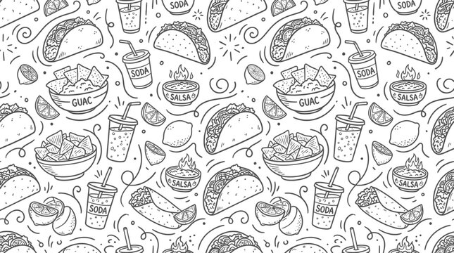 Doodle Food Pattern: Tacos, Nachos, Salsa & Soda