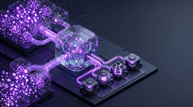 Isometric 3D render of glass context router bridging glowing purple knowledge base vectors to autonomous agent execution blocks on dark slate backdrop with copy space