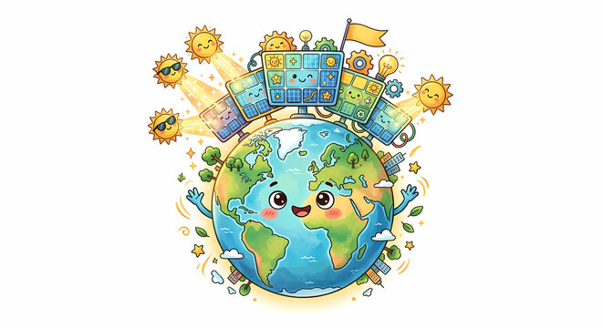 A joyful Earth wearing cute solar panel crowns as smiling, sun-glasses-wearing suns generate renewable energy for a greener planet
