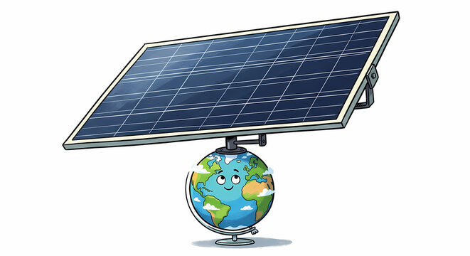 A playful cartoon showing a friendly desk globe looking up while happily balancing a large solar panel above