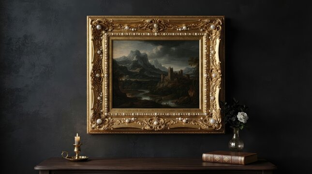 Framed landscape painting displayed on elegant dark wooden table