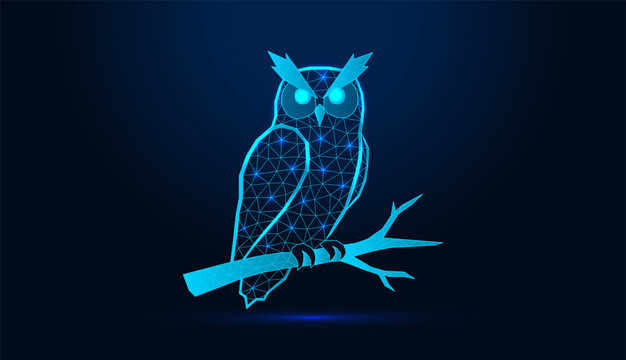 Low poly wireframe owl sitting on tree branch on dark blue background.