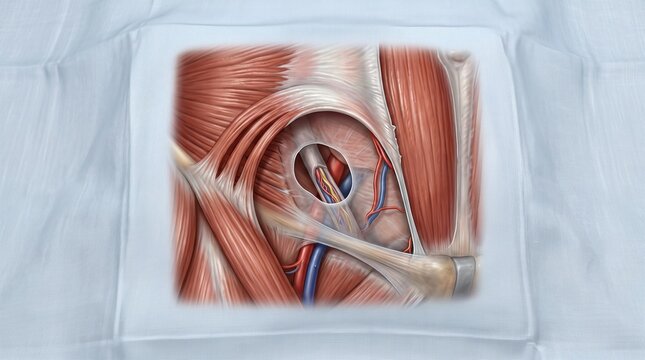 Anatomical 3D illustration of muscle layers and vascular structures in the inguinal region