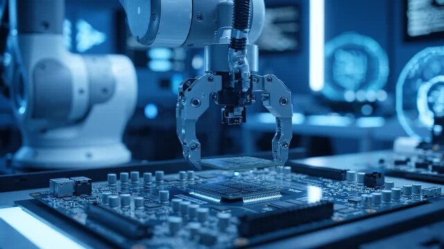 Modern High Tech Authentic Robot Arm Holding Contemporary Super Computer Processor Smoothly Moving into Focus