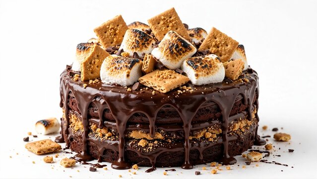 Chocolate Smores Cake with Toasted Marshmallows and Graham Crackers