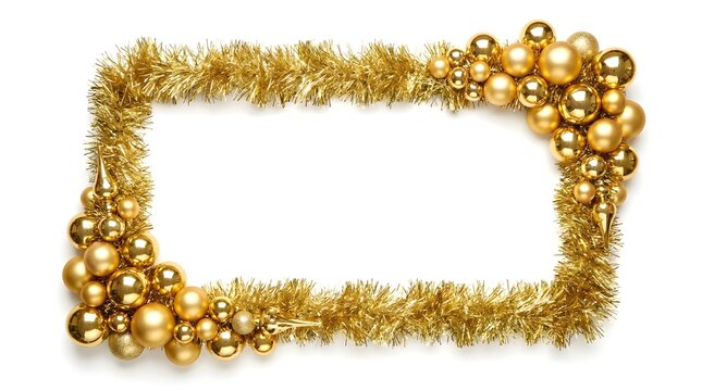 Christmas rectangular frame made of golden tinsel and shiny baubles isolated on white background