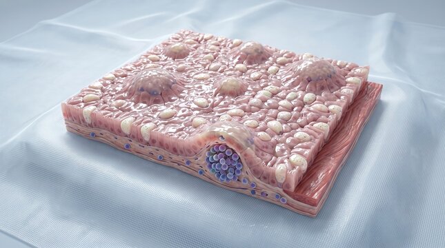 Microscopic 3D Render of Stratified Epithelium Cell Layers and Glands