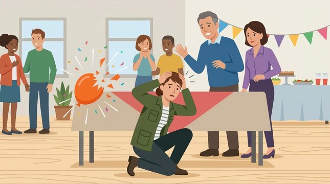 Woman ducking in fear from popping party balloon indoors. Sudden loud sound trigger during celebration. Post traumatic stress disorder and startle response
