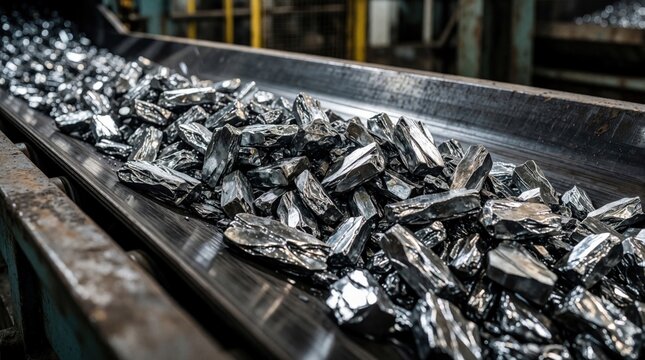 Close up of shiny zinc scrap moving on industrial conveyor belt. Metal pieces transport through recycling plant for processing. Automated system sorts raw nonferrous material in factory. Heavy