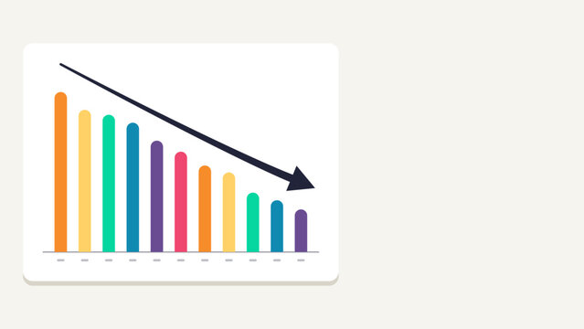 Downward trend bar chart with colorful decreasing bars and arrow