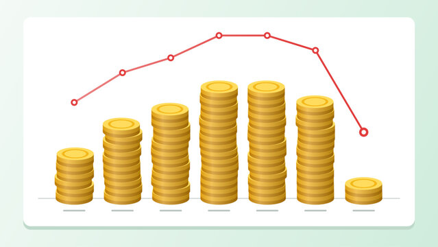 Financial Growth and Decline Chart with Gold Coin Stacks and Line Graph