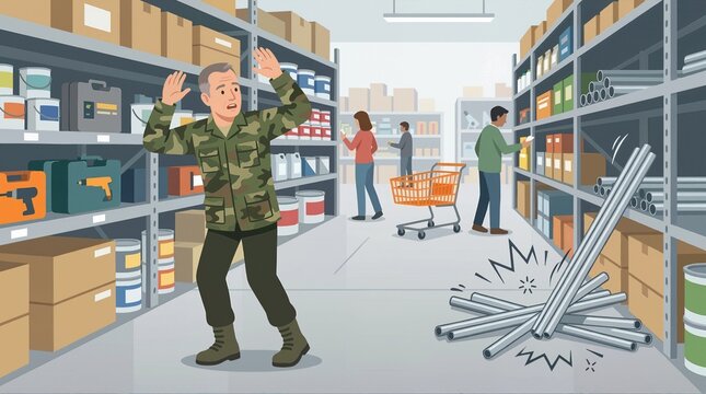 Veteran in camouflage flinching at loud noise in store aisle. Man reacting with startle response to falling metal pipes. Post traumatic stress disorder concept