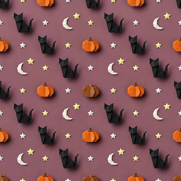 A festive seamless repeating pattern featuring folded paper origami black cats, orange pumpkins, crescent moons, and stars on a dusty purple background for halloween.