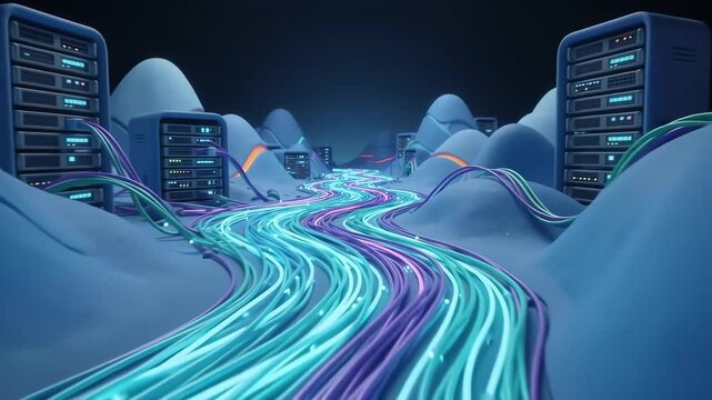 3D animation of glowing data streams flowing through a server landscape