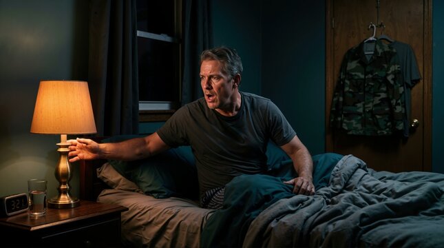 Veteran waking up from nightmare reaching for lamp in bedroom at night. Post traumatic stress disorder and military trauma concept