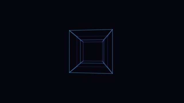 Abstract 3d wireframe hypercube projection, a geometric tesseract visualization with glowing blue lines on a dark background representing multidimensional space and digital technology