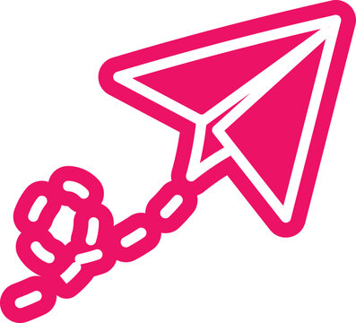 A vibrant pink paper airplane is chained to a tangled knot of pink chain
