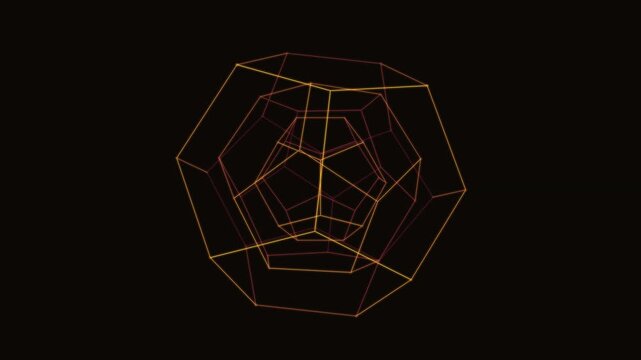 Abstract geometric wireframe structure of nested dodecahedrons, glowing golden lines forming a complex 3d fractal shape on a dark background