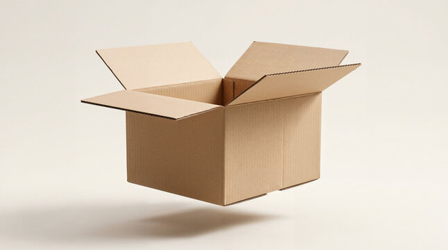 A floating, brown cardboard box&acirc;&euro;&rdquo;an empty open box of corrugated cardboard with spread box flaps&acirc;&euro;&rdquo;is isolated on a white background as shipping box packaging.