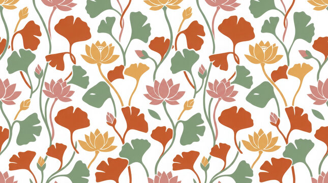 Seamless floral pattern featuring lotus flowers and ginkgo leaves in vintage generated using ai