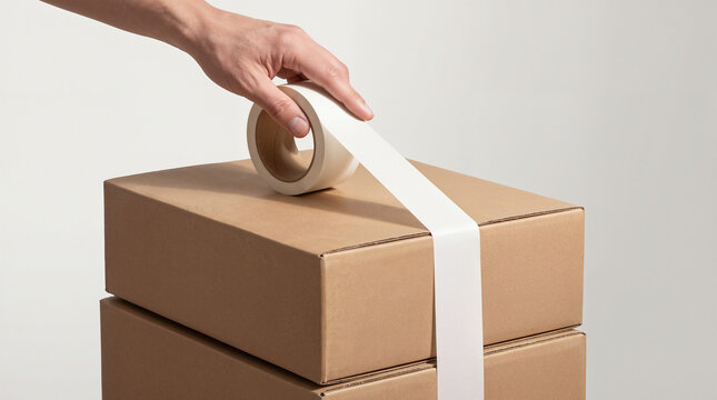 A hand applies packing tape to a cardboard box package, using adhesive tape for parcel packaging, shipping and delivery beside stacked boxes.