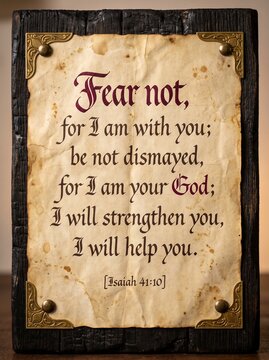 Vintage religious quote sign featuring Isaiah 41:10 encouragement