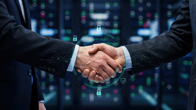 Business handshake with digital security icons in a server room