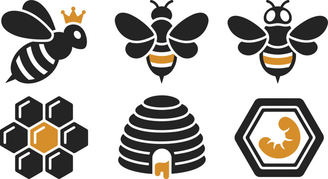 Cute bee icons collection with honeycombs and hive silhouettes in flat black vector design style illustration