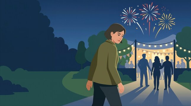 Woman walking away from fireworks celebration at night. PTSD trigger avoidance and sensory overload concept