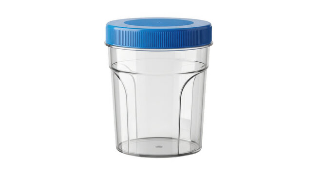 Empty plastic specimen cup with blue lid isolated on a transparent
