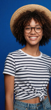 Happy young African American woman with afro hair, glasses smiles at camera. Wears straw hat, striped tee shirt. Smiling female person enjoys summer vacation lifestyle. Portrait of confident black