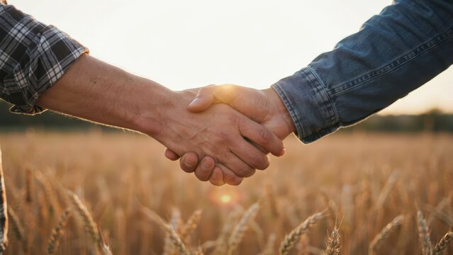 Two farmers shaking hands in a golden wheat field at sunset
